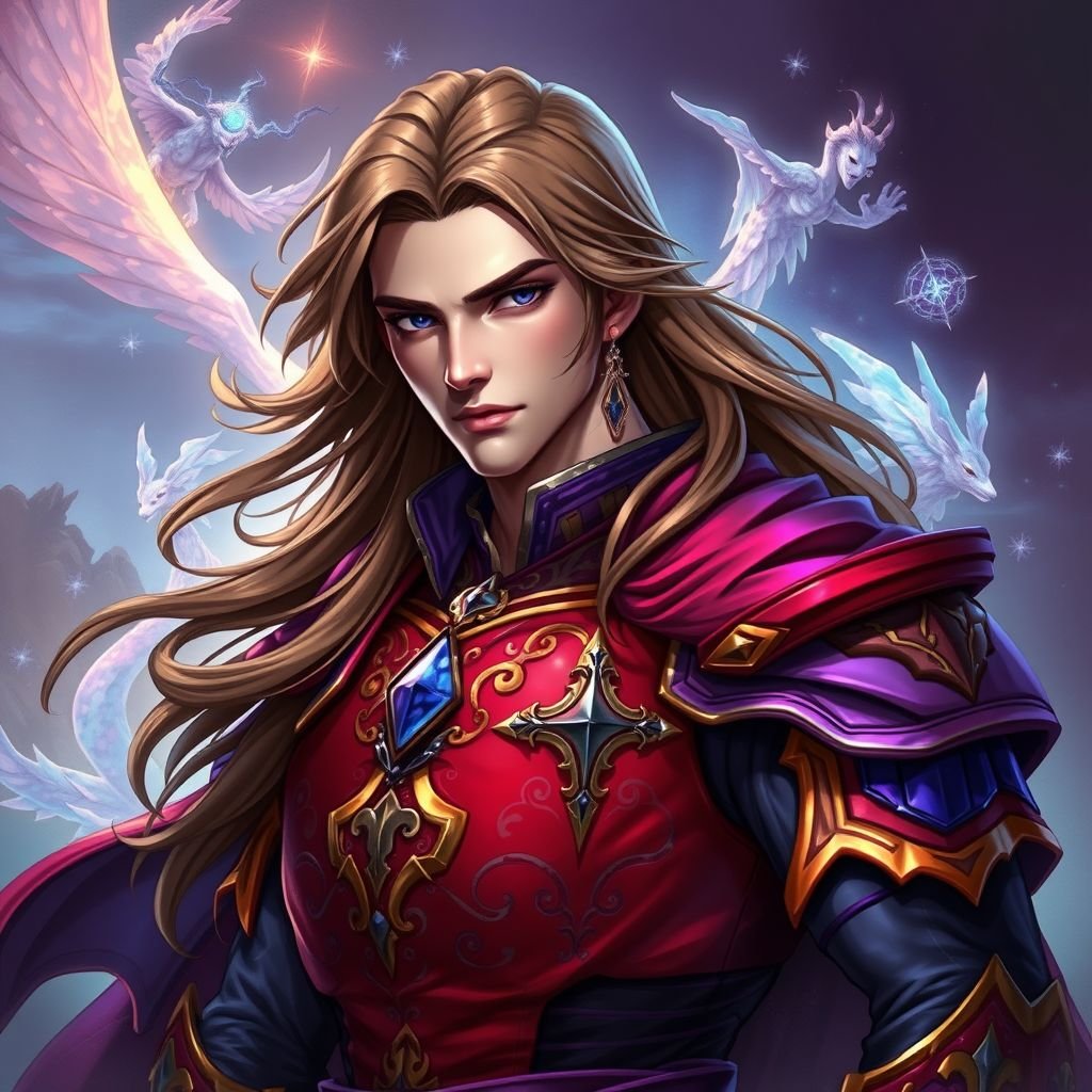 A handsome prince with long brown hair wearing red and purple armor