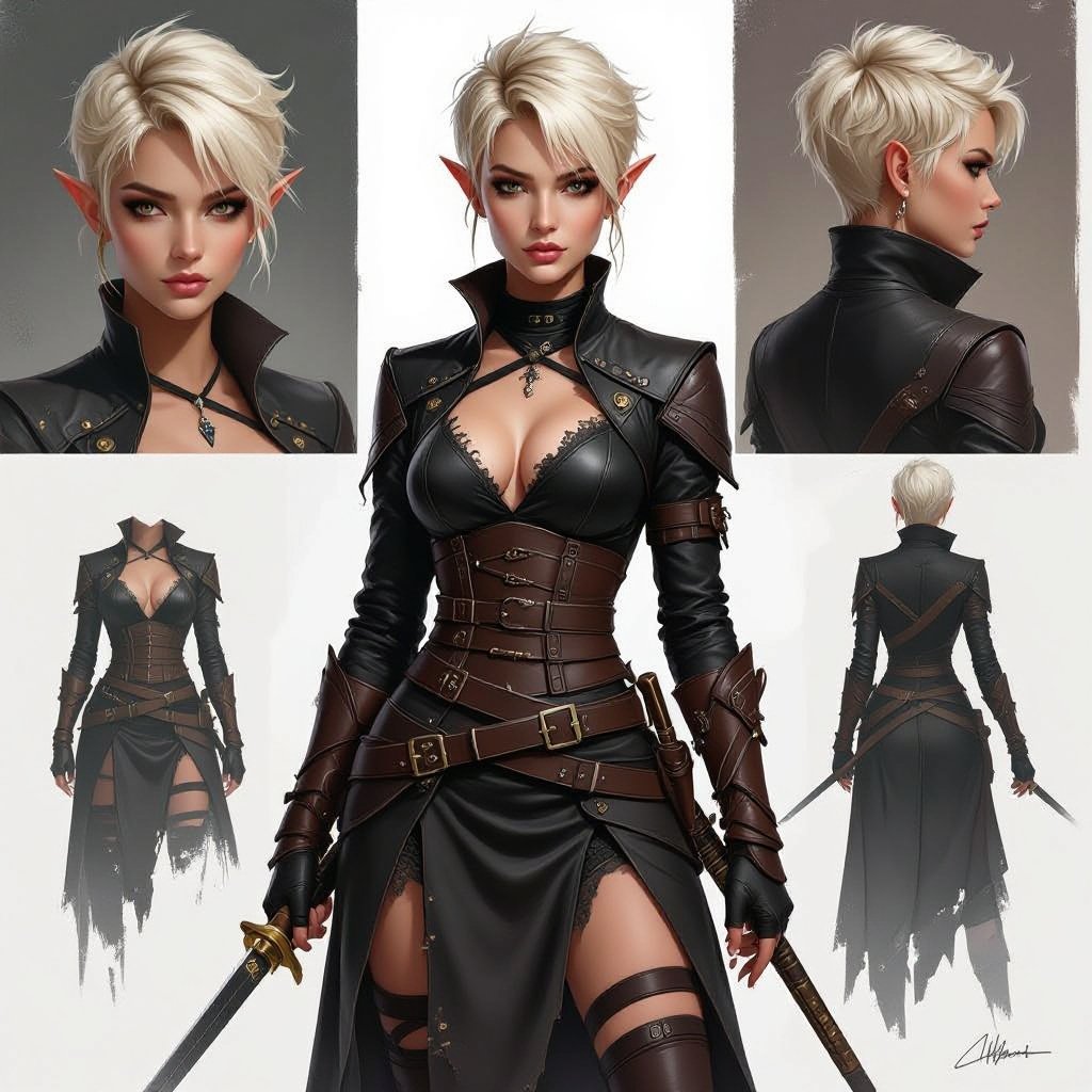 Blonde pixie cut Female High Elf Rogue Assassin in Black and Brown Shear Lace & Leathers and Skirt ripped and torn