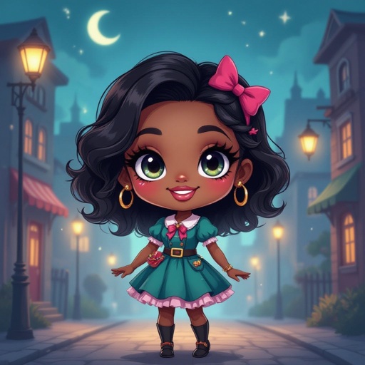 Create a chibi character mid 30’s lady who is a city girl, make her kinda dark skin
