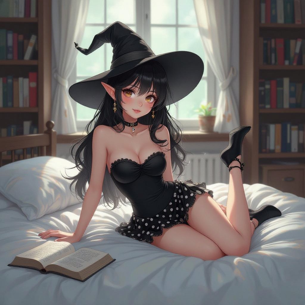 Dark Brunette Elf Witch Librariani with With Hat. Strapless Bathing Suit Top and Black and white Polka Dot Mini Pencil Skirt laying on Library Bed