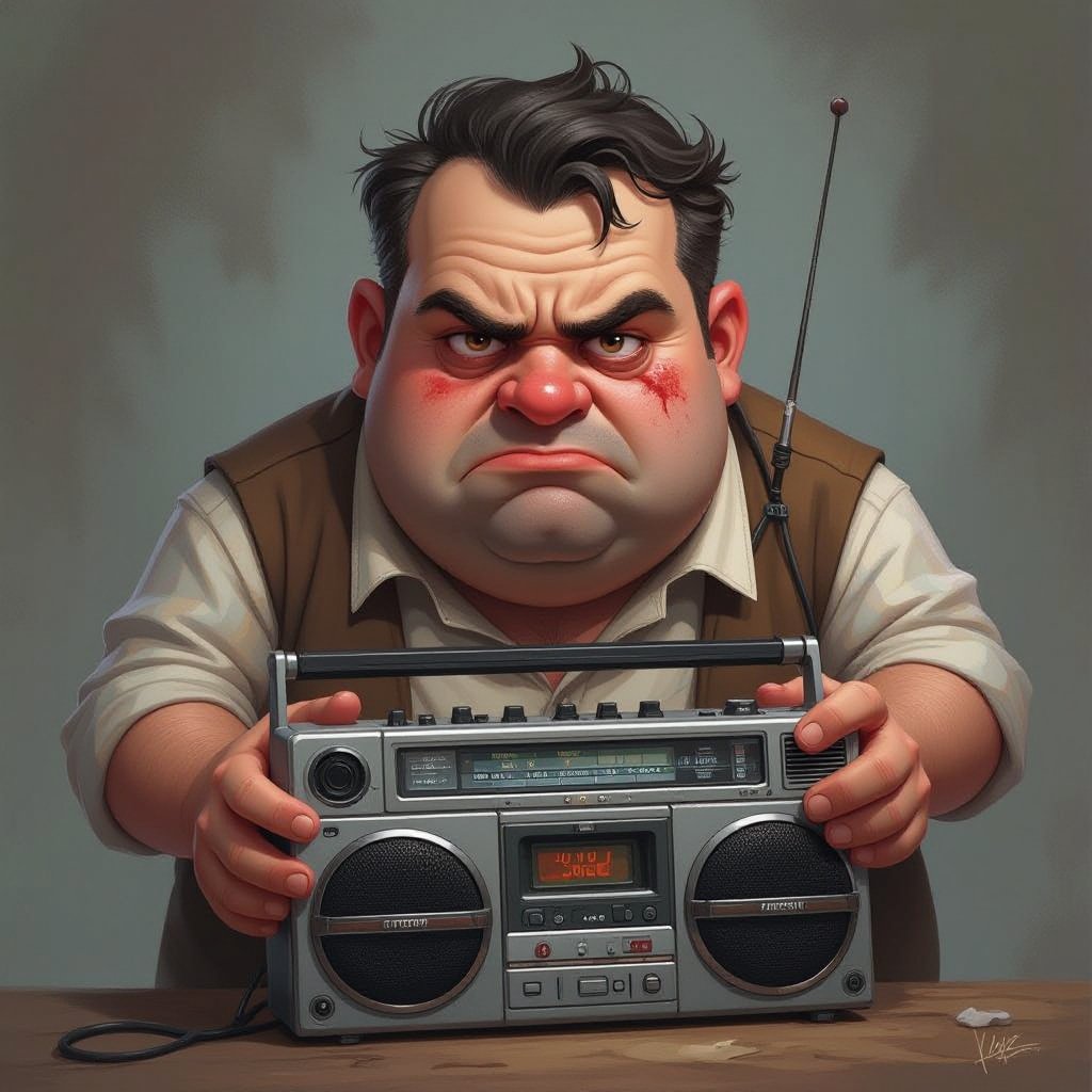 Create a funny fat guy who isnt friendly from New York  has a boom box radio and is a stoner 