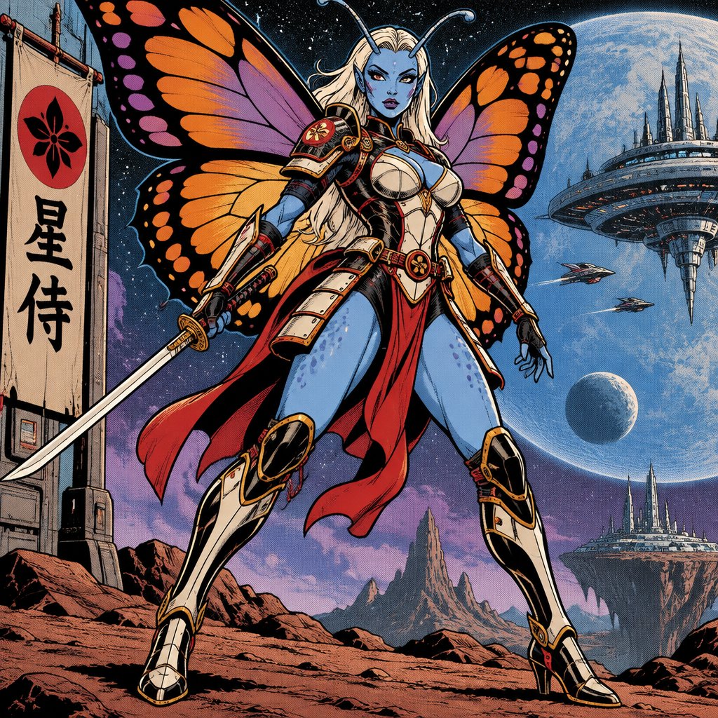 A gorgeous alien butterfly woman in a futuristic space samurai armor. Show whole body.