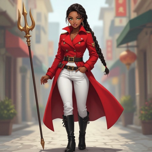 human, african american, woman, red double-breasted greatcoat, white pants, black boots, belts, trident, braid, green eyes, smiling, thicker woman,