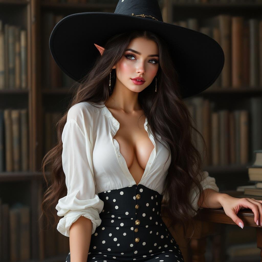 Brunette Elf Wizard Librarian with Long brunette hair in a tight black and white polka dot mini pencil skirt and a white open blouse and a big witches hat. She looks like she’s daydreaming the hottest moment ever
