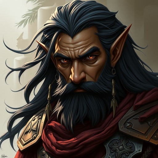 A black elf man in his late forties with a black beard and black hair and brown eyes 