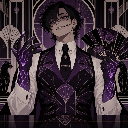 Male, black messy hair, side bangs, jagged scar on lip, ear piercing rings, glowing purple hands, purple glowing veins, smiling, bad guy, purple vest, white shirt
