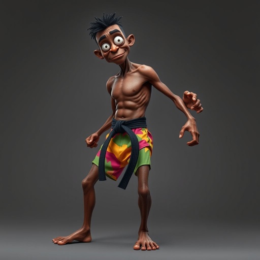 Create a character who looks like a funny African karate guy who doesn’t have a clue what he is doing. Make him have weird toes, only speedos on and a black karate belt. Make him tal skinny and slinky.