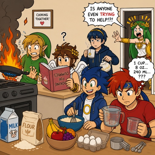 Super smash brothers link from legend of Zelda, pit from kid Icarus, and sonic the hedgehog as a human, Marth from fire emblem,Roy from fire emblem, there trying to make breakfast Roy looking at the measuring cups saying "which one do I use?" link holding pan that's on fire, pit trying to read the cookbook but it's upside down, Marth making himself some tea with a tired face expression, Palutena comes into the kitchen and yells "what are you guys doing!" All in casual clothes