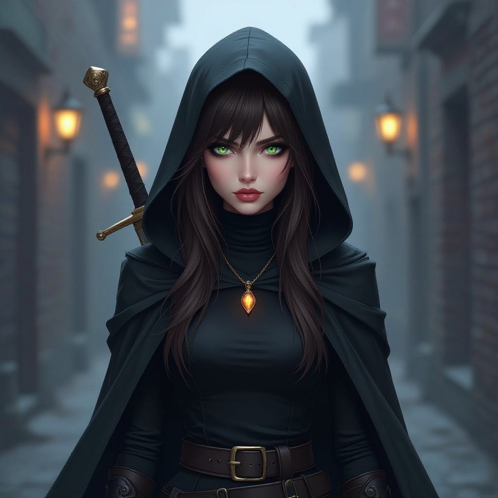
Kobieta o długich, brązowych włosach i jasno zielonych oczach. Ma grzywkę, która zakrywa jedno oko, w stylu emo grzywki, zasłaniającej całe oko. Ma pyzatą i okragłą twarz. Blada cera. Delikatna uroda. Wąskie usta. Ubrana jest w czarne spodnie i czarny golf. Ma pas przy którym ma sztylet. Na plecach ma długi miecz. W dłoni trzyma krótki miecz. Ma na sobie czarną peleryne i ogromny kaptur na głowie. Na szyi ma naszyjnik z błyszczącym bursztynem. Kobieta wygląda na groźną. Ciemna uliczka, mroczna atmosfera. Pojedyńcze światła. Mgła. Mrocznie. 
Zasłonięty biust. Ciemno. Mgła. Czerń.
