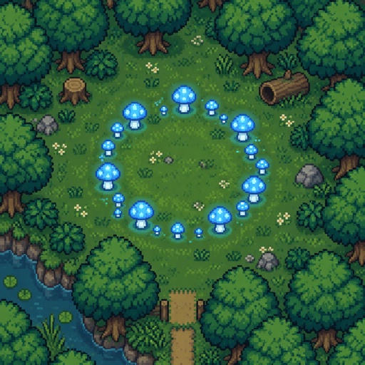 Fairy circle in a forest for a modern fantasy game, top down style