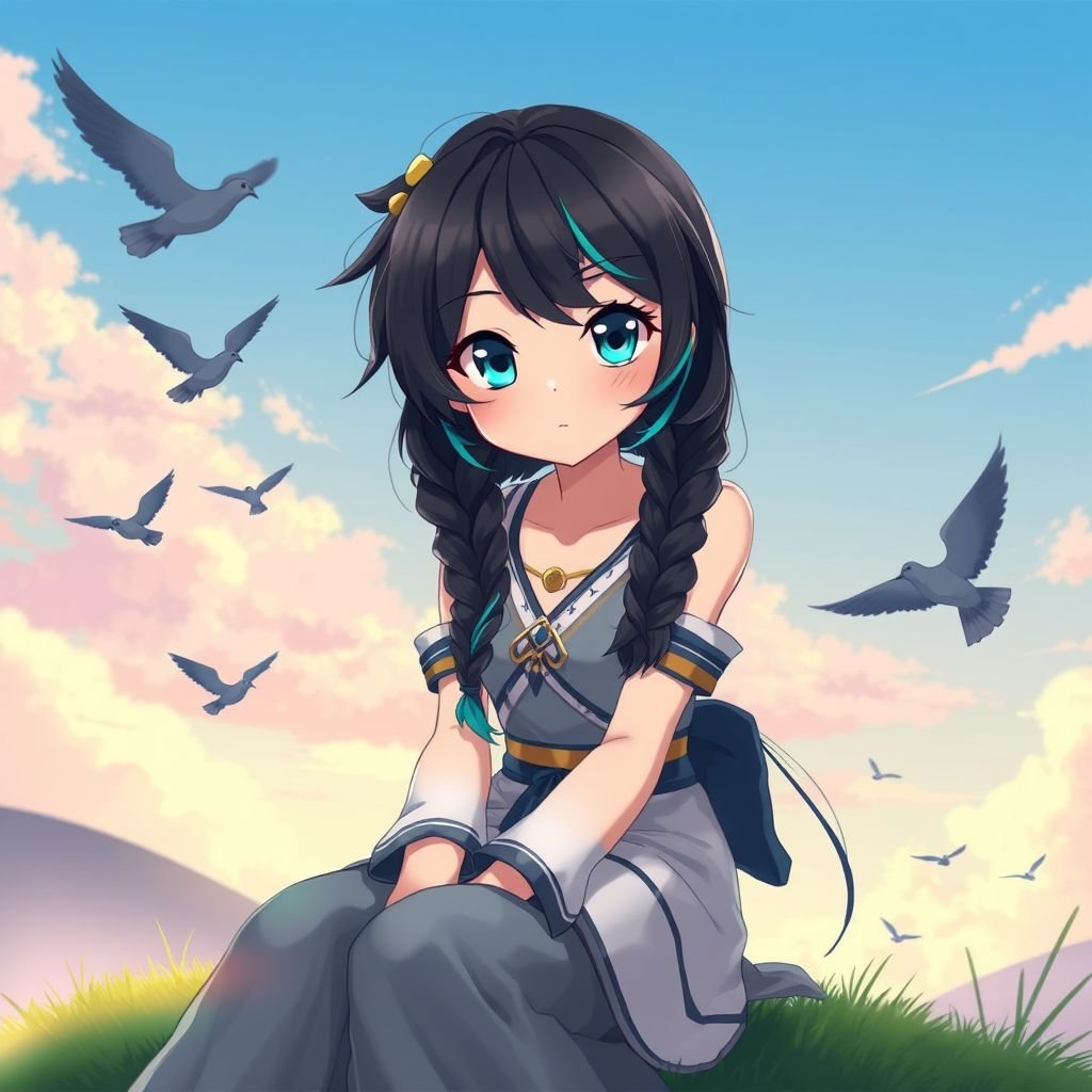 A young female with fair skin and vibrant teal eyes. Black hair with cyan tips in the form of two long braids. Wearing a two-piece goddess outfit (specifically top and trousers) sitting on a hill watching pigeons fly from a very far distance