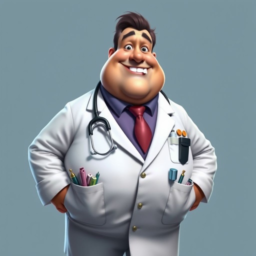 create a fat doctor. Who is funny human looking from head to toe. And he always immediately results to surgery for anything even small things. So please be sure to show his whole outfit head to toe. Make him have 1 tooth. Make it more adult humor instead of cartoon humor.