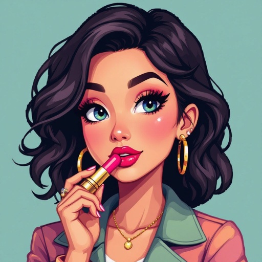 Create a character lady who is funny but about fashion and loves lipgloss
