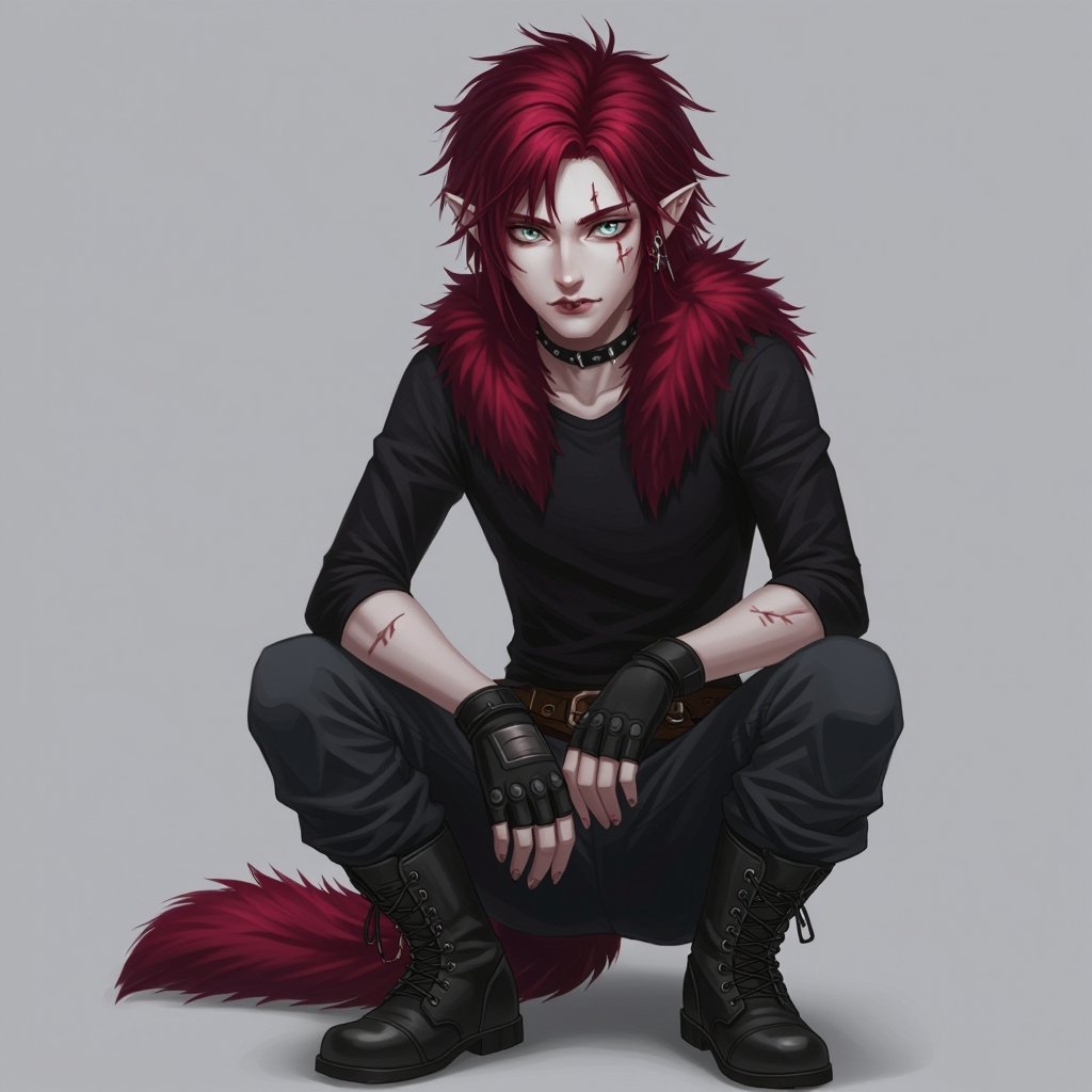 Full body Pale skin, grey eyes, sharp canines and molars, dark red fluffy hair, small scars over body. Wears skin tight long sleeves and baggy pants, metal boots and black leather fingerless gloves.