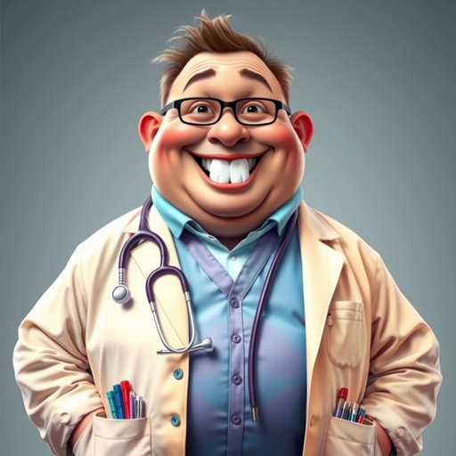 create a fat doctor. Who is funny human looking from head to toe. And he always immediately results to surgery for anything even small things. So please be sure to show his whole outfit head to toe. Make him have 1 tooth
