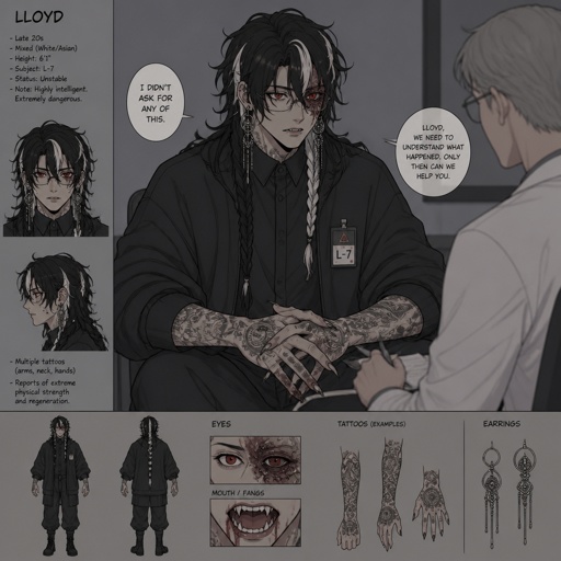 Anime white and Asian male,name is Lloyd,hair messy long braided black hair with white stripes,clean shaven,highly skilled,in late 20s,migraines,sarcastic,red glowing eyes,one eye is severely damaged,serious face,been unwillingly experiment on for many years until finally found and rescued ,has power of a spider and control spiders make traps poison and crawl on walls and ceiling dangerous,glasses,wears a loose jacket a nice fully covered shirt ,loves spiders, nice big earrings,a tattoos on left that means arachnid and on right arm a tattoo that says sub 389,doesn't remember anything from his past except the experiments, long scary fingers, spider fangs, traumatized,special agency is keeping an eye on him. Lloyd and a scientist having a conversation, scientist “do you know where you originally lived or any relatives” Lloyd “no… but why does that matter know? Who cares I don’t,there’s no point, I wouldn’t be recognized by them anyway”scientist”you don’t care to find out who you are?” Lloyd “no…I don’t” scientist “what else do you remember?” Lloyd staring of in the distance with a small look of fear in his eyes says “only the experiments”as a comic