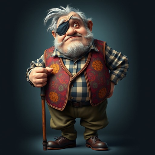 Create a grouchy funny old character who has 1 eye patched. Make him fat with a cane. Show his whole character head to toe in image 
