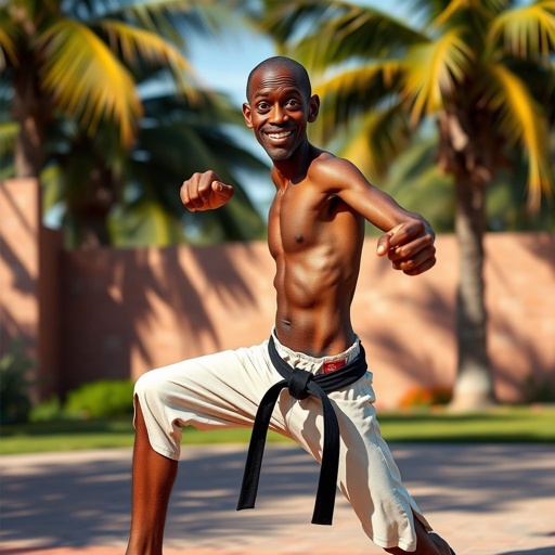 Create a character who looks like a funny African karate guy who doesn’t have a clue what he is doing. Make him have weird toes, only speedos on and a black karate belt. Make him tall skinny and slinky.