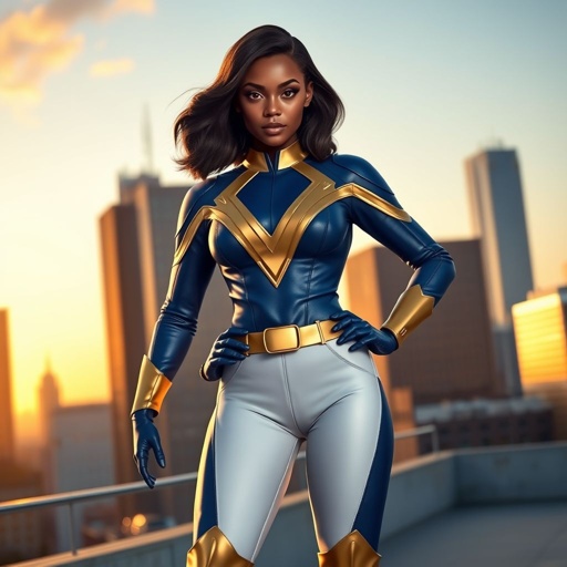 A young African American female superhero with shoulder length hair in a side part style wearing a blue and white suit made of a leather like spandex material with gold accents with white pants and gold boots with a stylized V as her chest emblem standing ona roof in a Philadelphia at dawn
