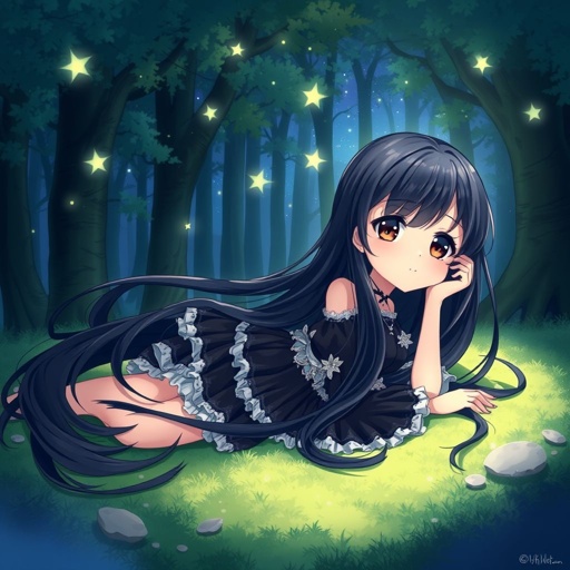 Pitch night forest background. Girl is lying on ground. Girl has hair the color black. Girls cloths are black and white.
