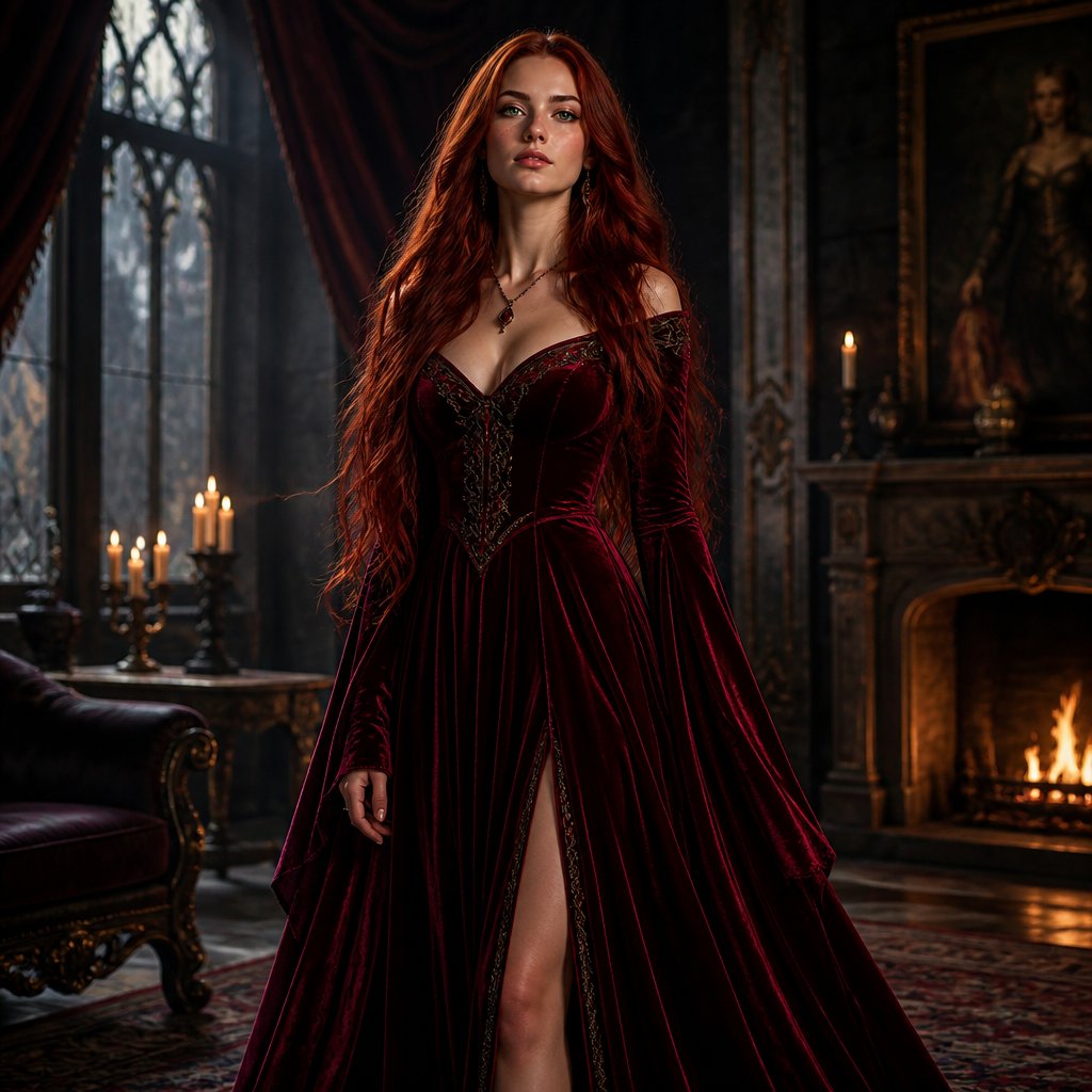 A 20-yr-old female with ruby red hair, a velvet dress on, green eyes, and standing at 5’8