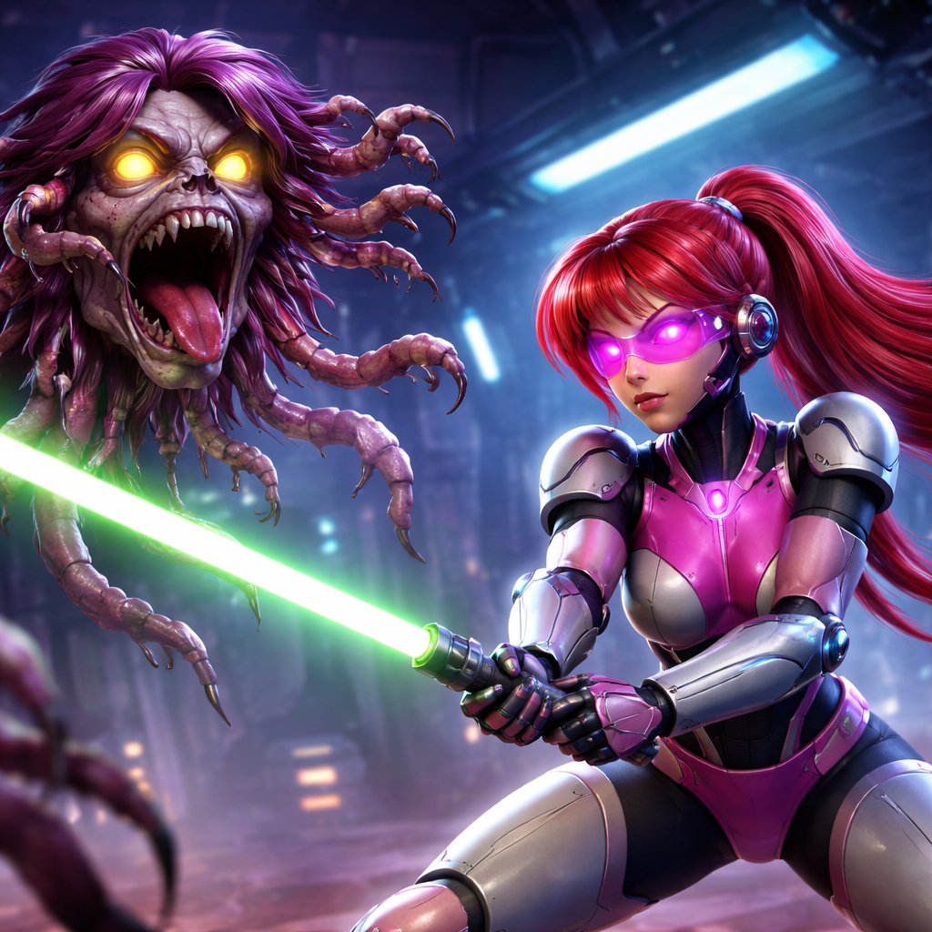 A female robot red hair pink visor pink and blue uniform with silver shoulder pads holding a lightsaber green blade she is fighting a head hair with eyes tentacles with fingers