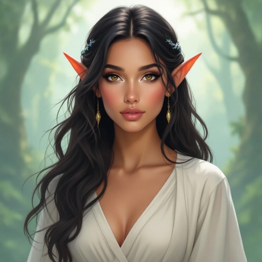 Black women with elf ears  with brown eyes and black hair 