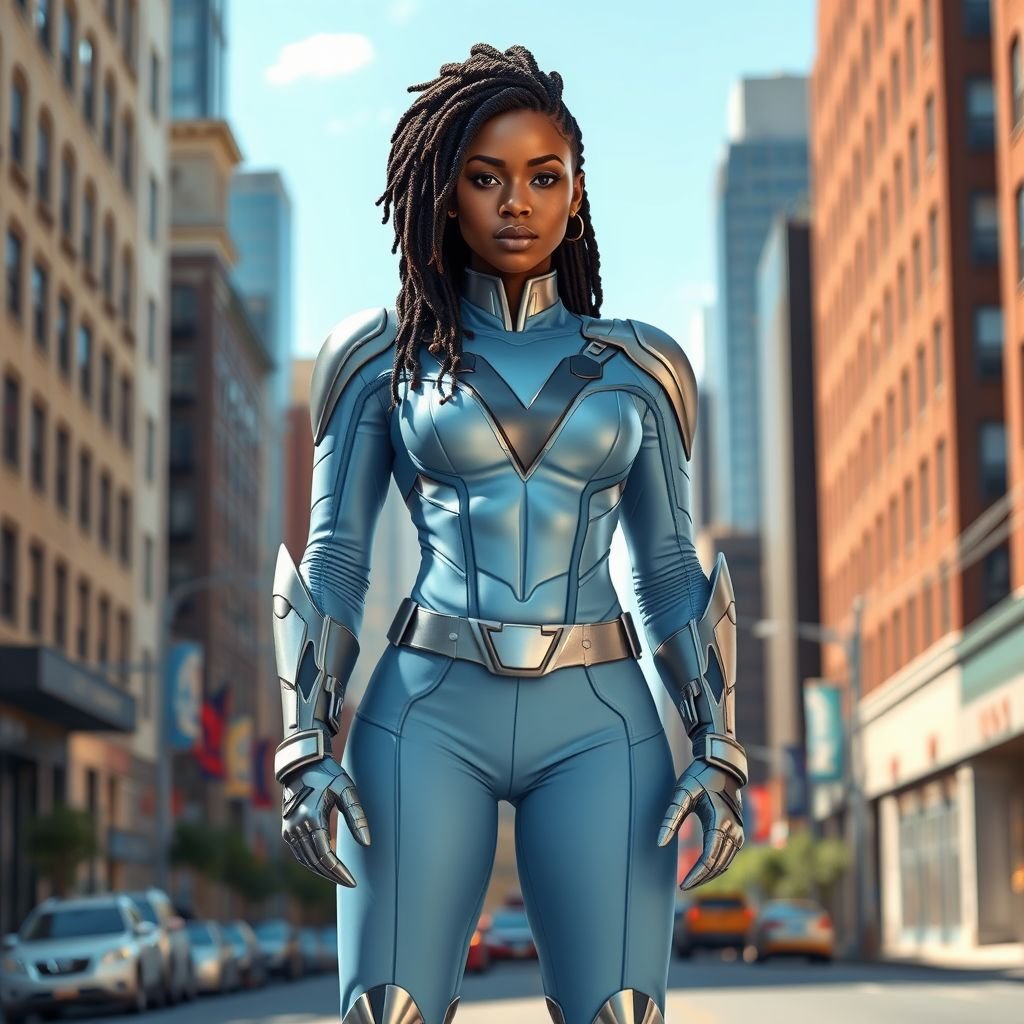 African American female superhero with locs in a side part style wearing a leather slightly armored light blue and silver suit with light blue pants and silver boots and a V as her chest emblem standing in Philadelphia during the day