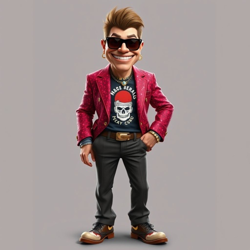 Create a funny arrogant character , showing him head to toe like his whole outfit 