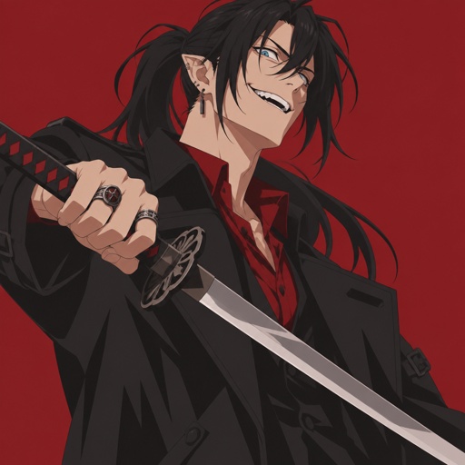 Male, Asian, black ponytail with side bangs on one side, blue eyes, trench coat, vampire, ear piercing, rings, pointy ears, sword, insane, red shirt