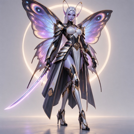 A gorgeous alien butterfly woman in a futuristic space samurai armor. Show whole body. 
