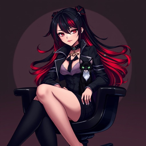 A villain girl wearing a baddie outfit. Her hair is black with tints of red. She is petting a tuxedo cat on a black Rollie chair.