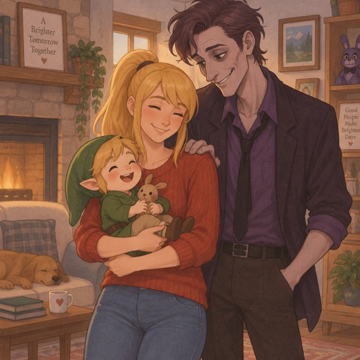 Samus Aran holding link from legends of Zelda as a baby, William afton cheekbones from five nights at Freddy’s standing next to them hand on Samus’s shoulder, all are wearing modern clothes, happy, house interior 