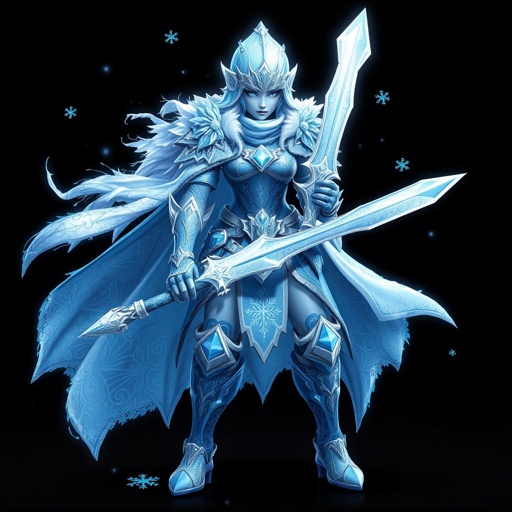 Create a battle woman hero called Alvara the Frostheart. Show full body head to toe including shoes