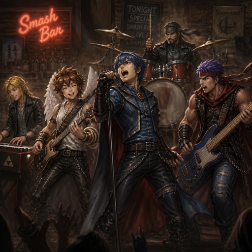 Super smash brothers link from legend of Zelda, pit from kid Icarus, Marth from fire emblem, Ike from fire emblem, Solid Snake from metal gear. There in a band, Marth singer really loud ,pit playing the guitar closing his eyes very happy ,Ike playing the bass with aggressive face expression, Solid Snake playing the drums very grin face ,link playing the electric piano smiling, there singing in a bar, there all wear rock and roll clothes 