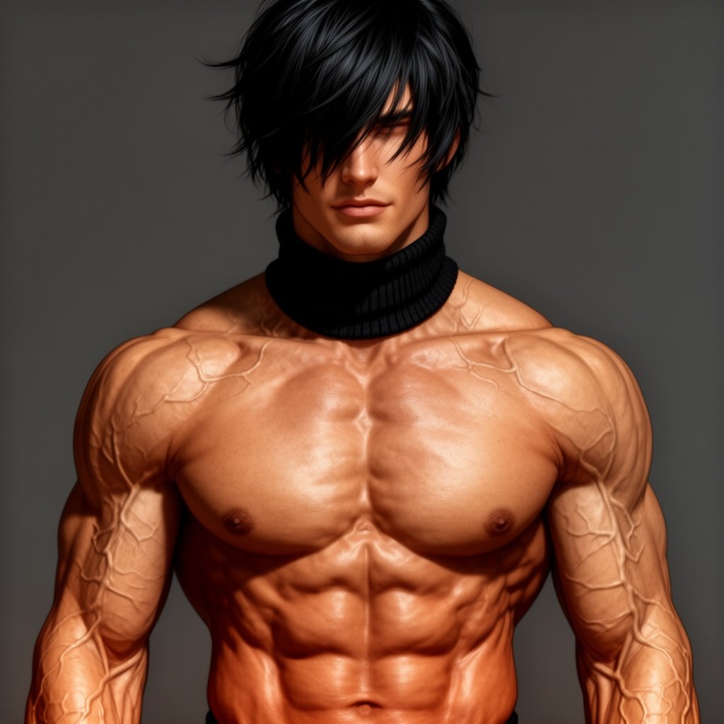 A guy who is muscular with abs and a veiny body black hair that covers his face a bit tan skin and a hot face and a turtleneck