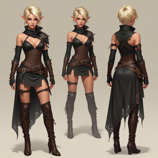 Blonde pixie cut Female High Elf Rogue Assassin in Black and Brown Shear Lace & Leathers and Skirt ripped and torn
