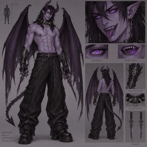Holding two daggers handsome and seductive. has a six pack is 8 feet tall eyes are purple and pupils are heart shaped His nipples are pierced Ears pierced and slightly pointed has clause They are purple is wearing baggy, black jeans, has scars all over his body is wearing iron gauntlets with pentagrams on them has purple saliva dripping from his mouth has sharp teeth has extremely dark purple demon, wings, demon horns and demon tail. His demon tail is 4 feet long. His demon horns are 8 inches long and his demon wings are 10 feet wide. He looks extremely slim and has a very pale purple color to his skin is wearing no shirt and has a spiky collar made out of titanium around his neck. he has long hair.
