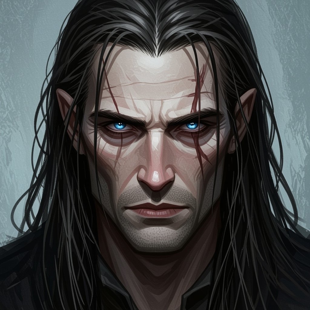 A human man in his late thirties who has blue eyes and has medium long hair 