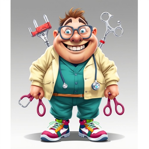 create a fat doctor. Who is funny human looking from head to toe. And he always immediately results to surgery for anything even small things. So please be sure to show his whole outfit head to toe. Make him have funny teeth