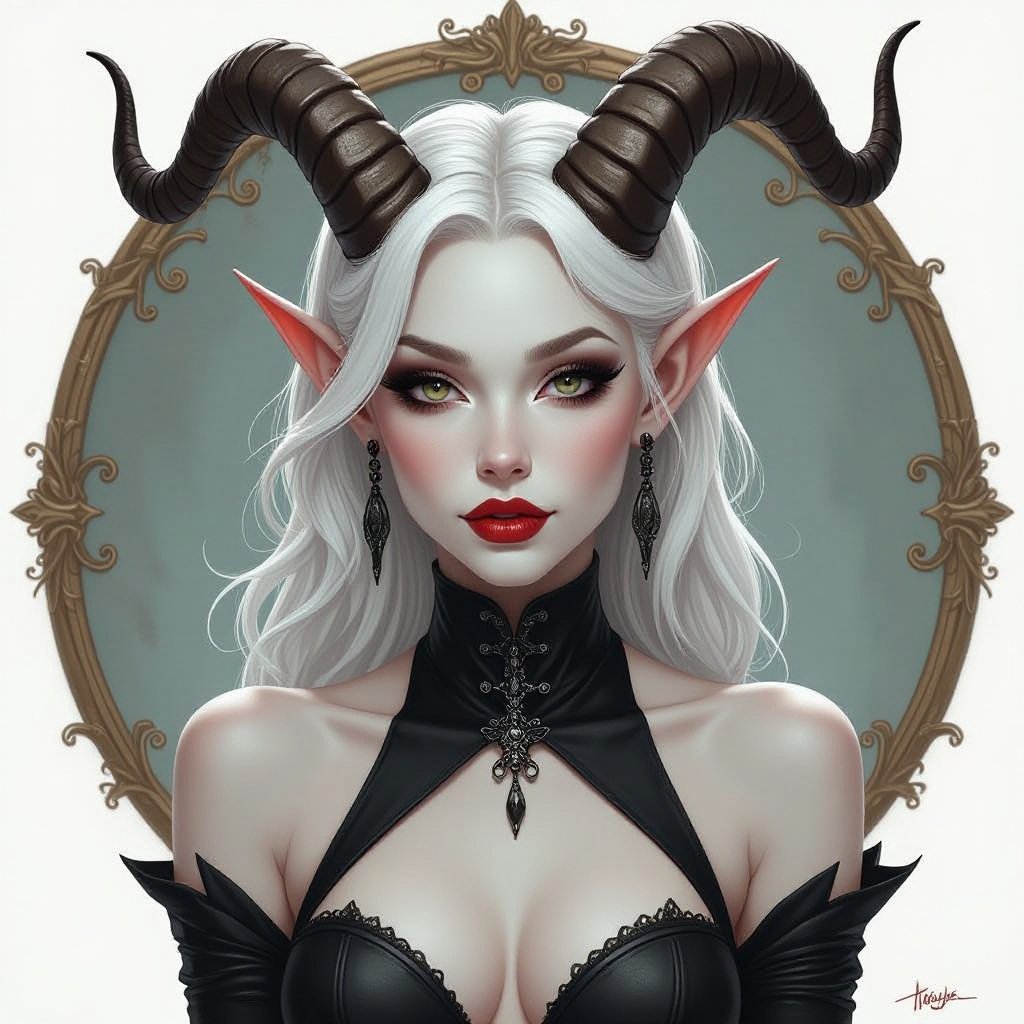 Bleach White Skinned Tiefling with Silvery Brown Horns that end in a single point in a tight fitted mime costume. Skin tight Mime outfit. She is a Mime. Hot Mime. Mime