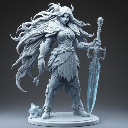 Create a battle woman hero called Alvara the Frostheart. Show full body head to toe including shoes