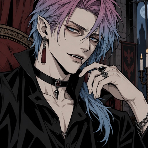 Male, pale, vampire, thin, light blue eyes, cheekbones, medium length brushed smooth hair, all back hair over right shoulder,  bangs, pinkish purple and light blue hair gradient, tassel earrings, jewelry, black button up shirt with upturned collar , choker, smirk, eye bags, pointy ears