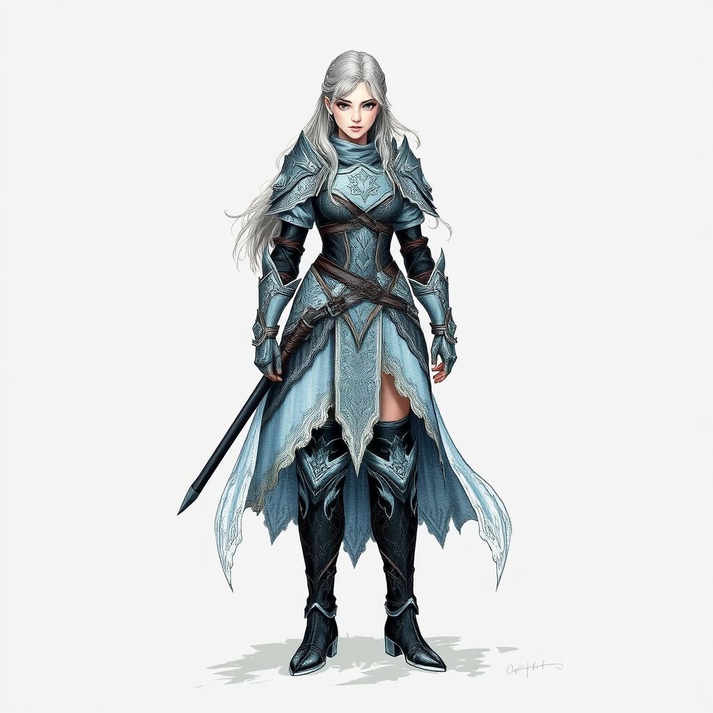 Create a battle woman hero called Alvara the Frostheart. Show full body head to toe including shoes