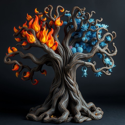 Give me a image of a tree showing power of shadow, fire, frost and mind control 