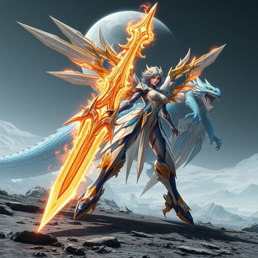 A blue white and gold feminine built mech with a giant flaming sword and metal wings fighting a blue and gold kaiju on the moon 