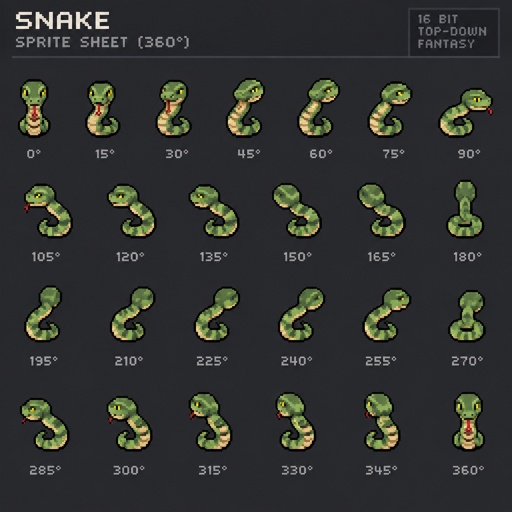 Animal snake for a fantasy game set in modern times, top-down style, 360, different colors, crawling