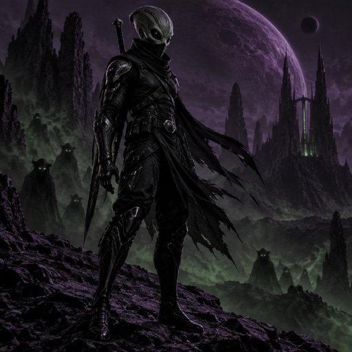 A alien in a futuristic black ninja Assassin space suite. On a dark purple planet background 