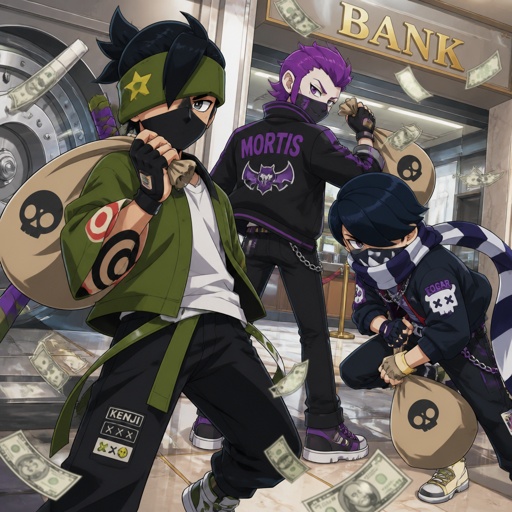 Kenji, Mortis and Edgar from brawl stars wearing modern clothes, robbing a bank,wearing masks