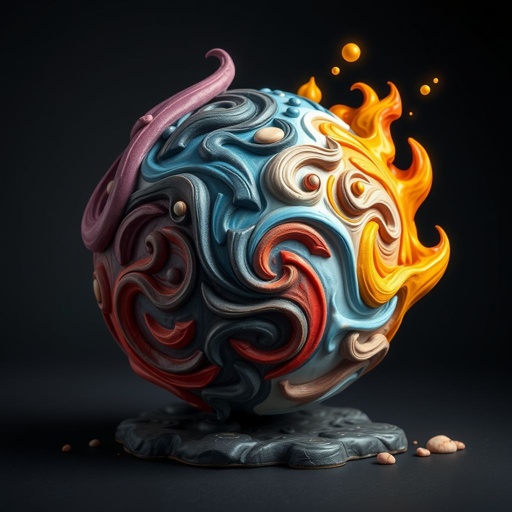 Give me a image of a ball showing power of shadow, fire, frost and mind control 